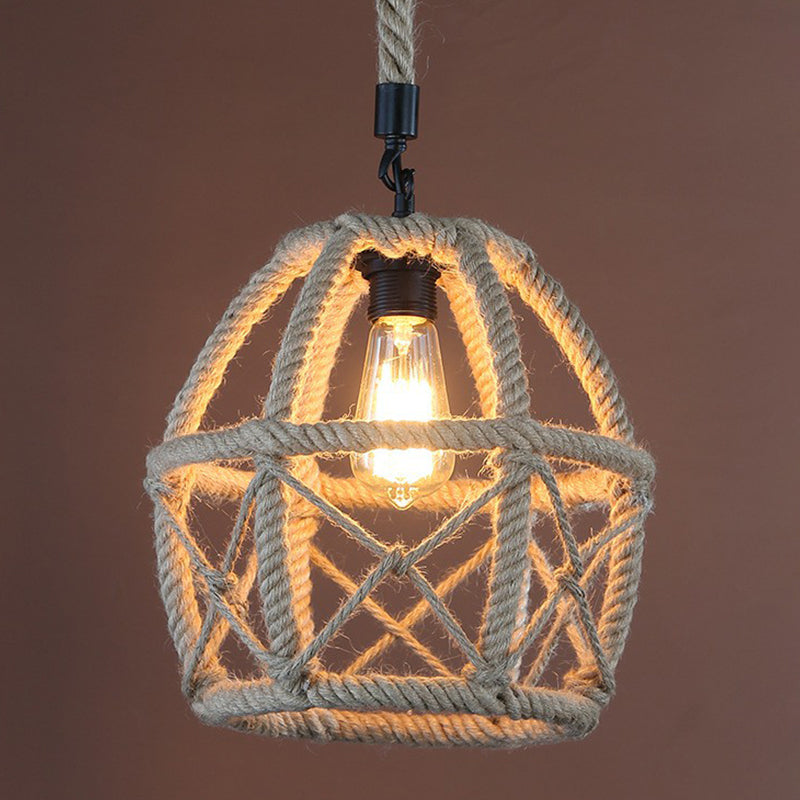 Rustic Flared Pendant Lamp with Natural Rope Suspension - Single-Bulb Light Fixture in Black/Brown