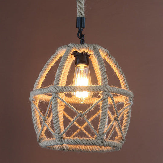 Rustic Flared Pendant Lamp with Natural Rope Suspension - Single-Bulb Light Fixture in Black/Brown