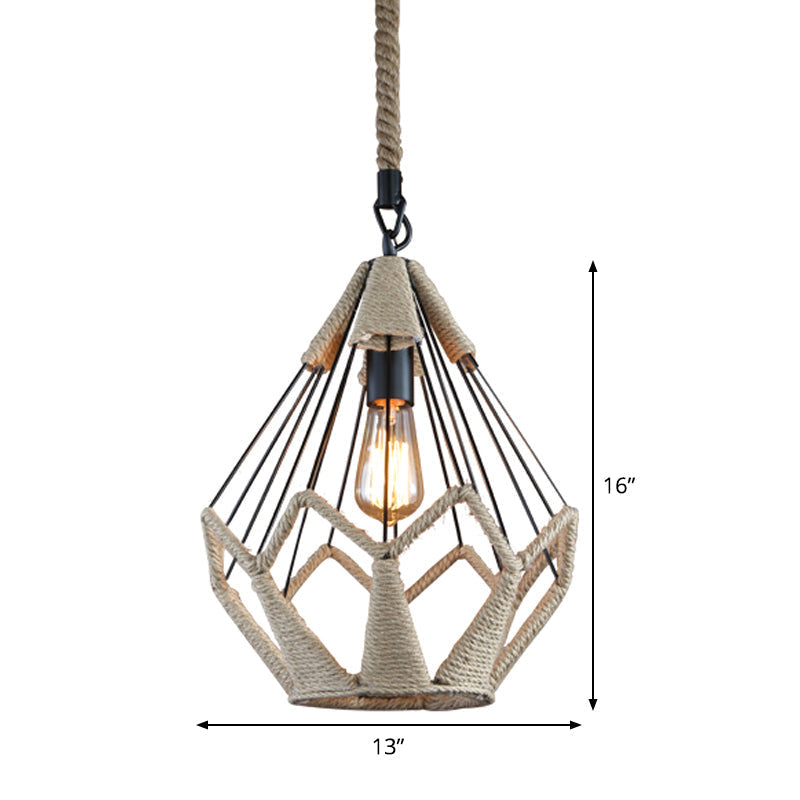 Rustic Flared Pendant Lamp with Natural Rope Suspension - Single-Bulb Light Fixture in Black/Brown