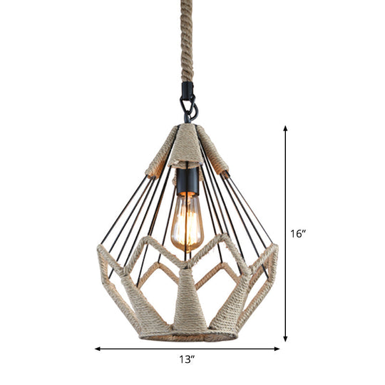 Rustic Flared Pendant Lamp with Natural Rope Suspension - Single-Bulb Light Fixture in Black/Brown