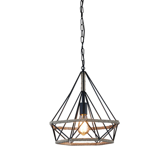 Rustic Flared Pendant Lamp with Natural Rope Suspension - Single-Bulb Light Fixture in Black/Brown