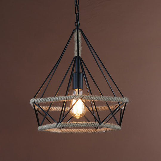 Rustic Single-Bulb Pendant Lamp With Natural Rope - Black/Brown