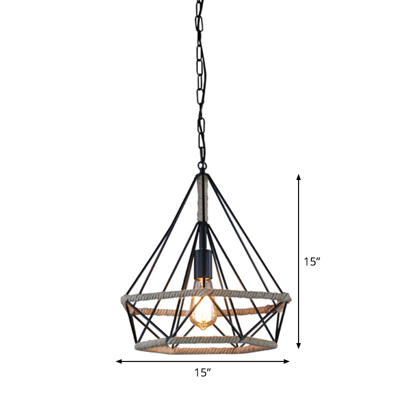 Rustic Flared Pendant Lamp with Natural Rope Suspension - Single-Bulb Light Fixture in Black/Brown