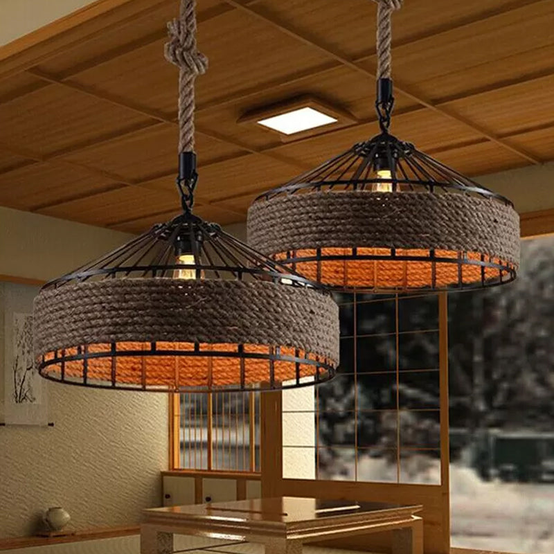 Barn Roped Cage Pendant Light - Lodge Sushi House Brown 12/16/19.5 Width 1 Bulb