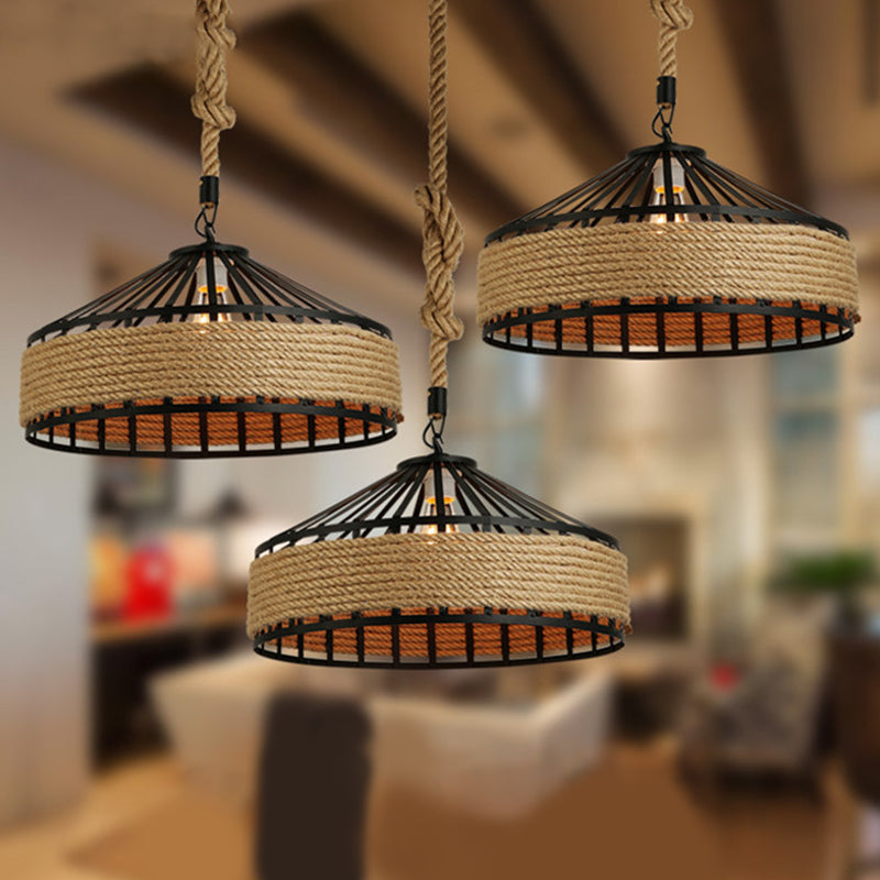 Rustic Rope 1-Light Barn Caged Pendant - Brown Hanging Light Fixture 12/16/19.5 Wide / 12