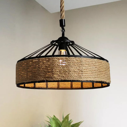 Rustic Rope 1-Light Barn Caged Pendant - Brown Hanging Light Fixture 12/16/19.5 Wide