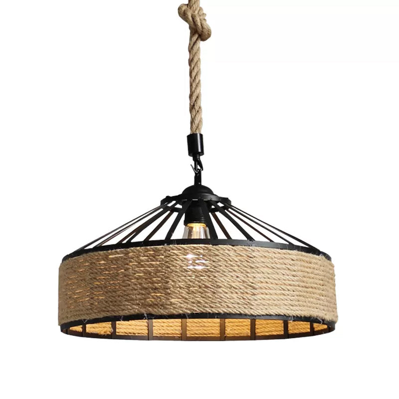 Rustic Rope Hanging Pendant Light Fixture for Dining Room with Barn Caged Design - Brown, 1-Light, 12"/16"/19.5" Wide