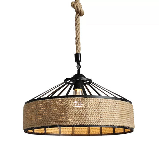 Rustic Rope 1-Light Barn Caged Pendant - Brown Hanging Light Fixture 12/16/19.5 Wide