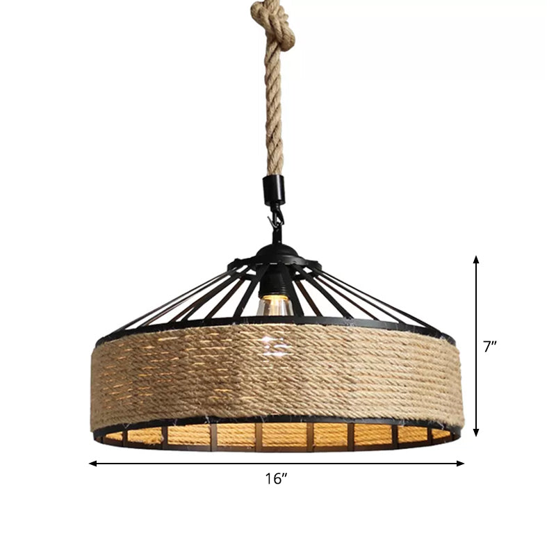 Rustic Rope 1-Light Barn Caged Pendant - Brown Hanging Light Fixture 12/16/19.5 Wide