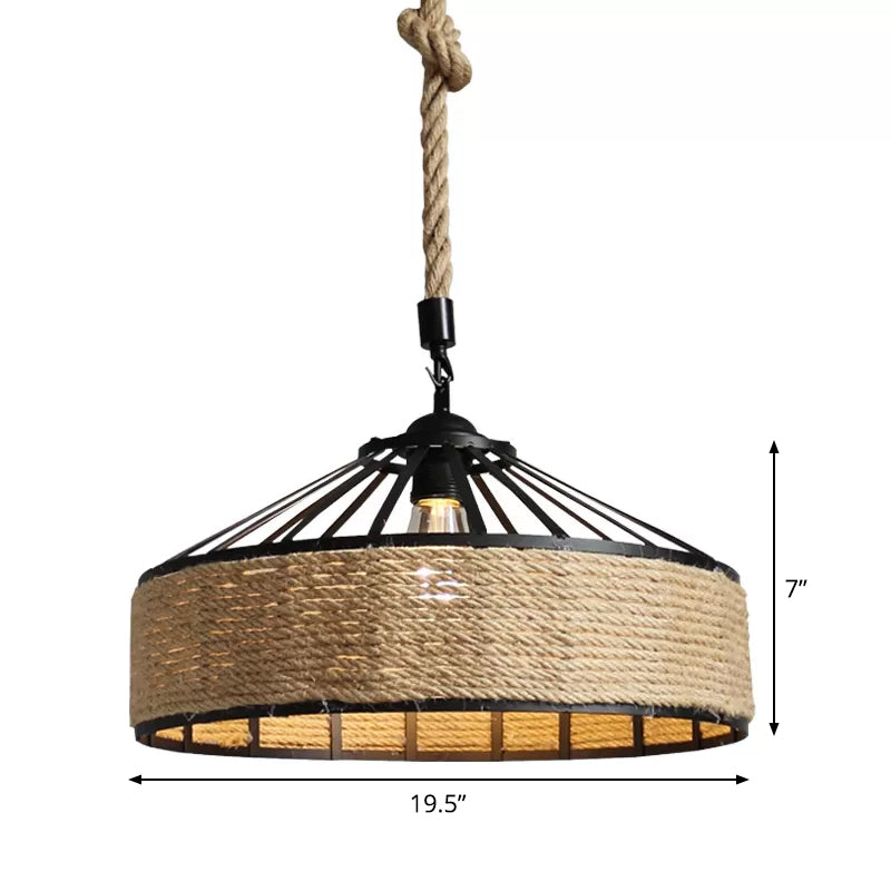 Rustic Rope 1-Light Barn Caged Pendant - Brown Hanging Light Fixture 12/16/19.5 Wide