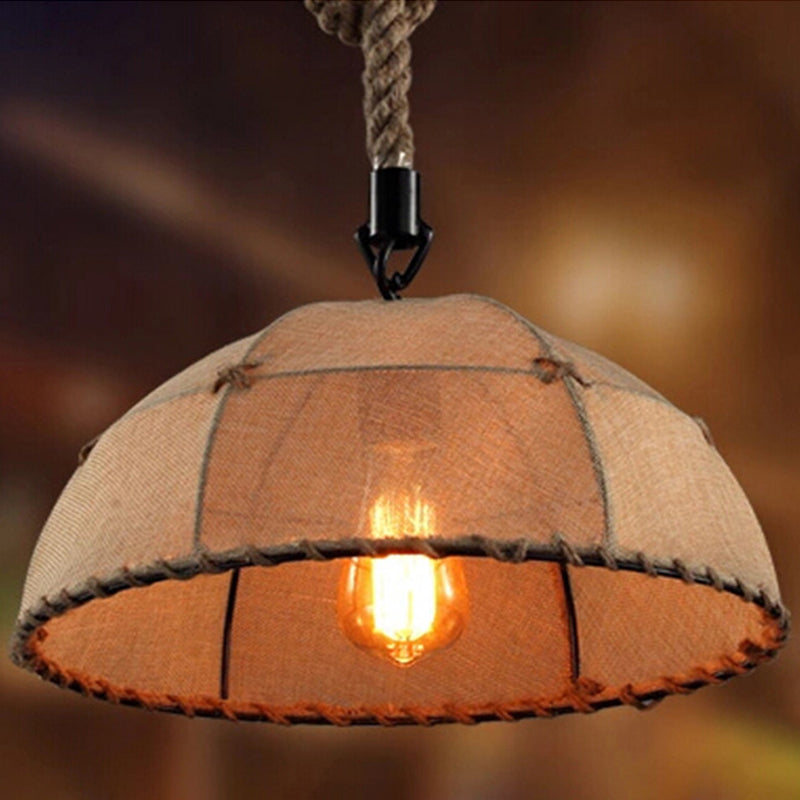 Hemispherical Fabric Pendant Lamp w/ Down Lighting, Rope Detail (Brown) - 14"/18" for Cottage Dining Table