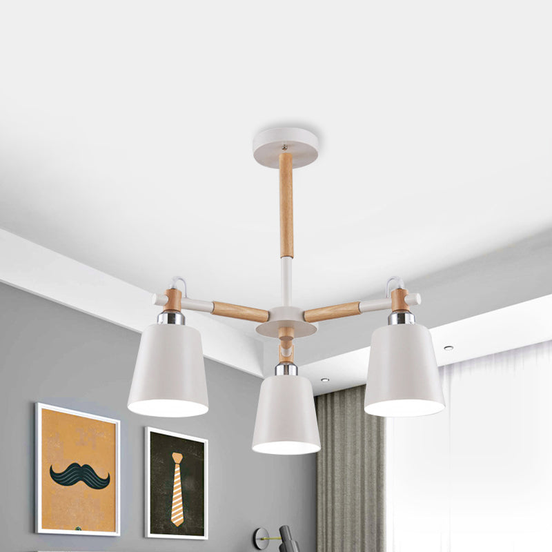 3-Bulb Nordic Hanging Chandelier - Bedroom Tapered Shade Iron And Wood Ceiling Lamp