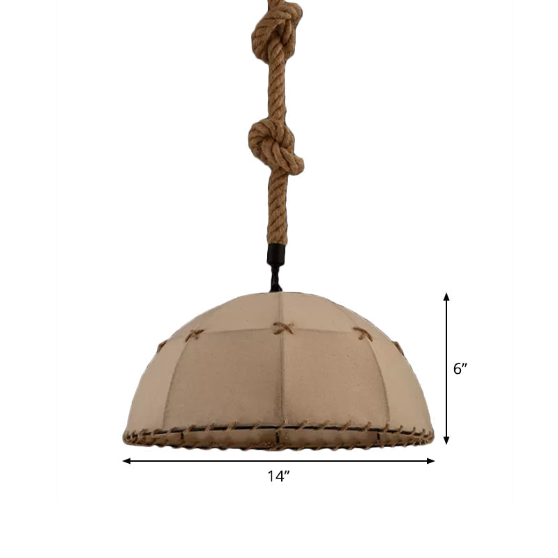 Hemispherical Fabric Pendant Lamp w/ Down Lighting, Rope Detail (Brown) - 14"/18" for Cottage Dining Table