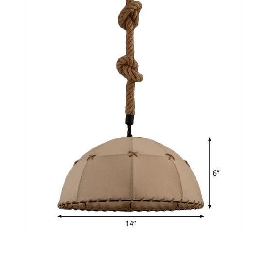 Hemispherical Fabric Pendant Lamp w/ Down Lighting, Rope Detail (Brown) - 14"/18" for Cottage Dining Table