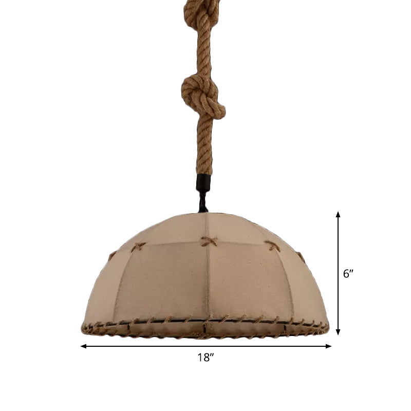 Hemispherical Fabric Pendant Lamp w/ Down Lighting, Rope Detail (Brown) - 14"/18" for Cottage Dining Table