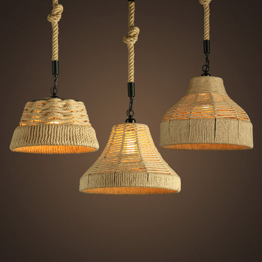 Handcrafted Jute Rope Pendant Light - Rustic Brown Trumpet/Bowl/Truncated Cone Shaped For