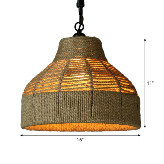 Jute Rope Drop Pendant Rustic Brown Restaurant Hanging Light - Single Hand-Worked Design