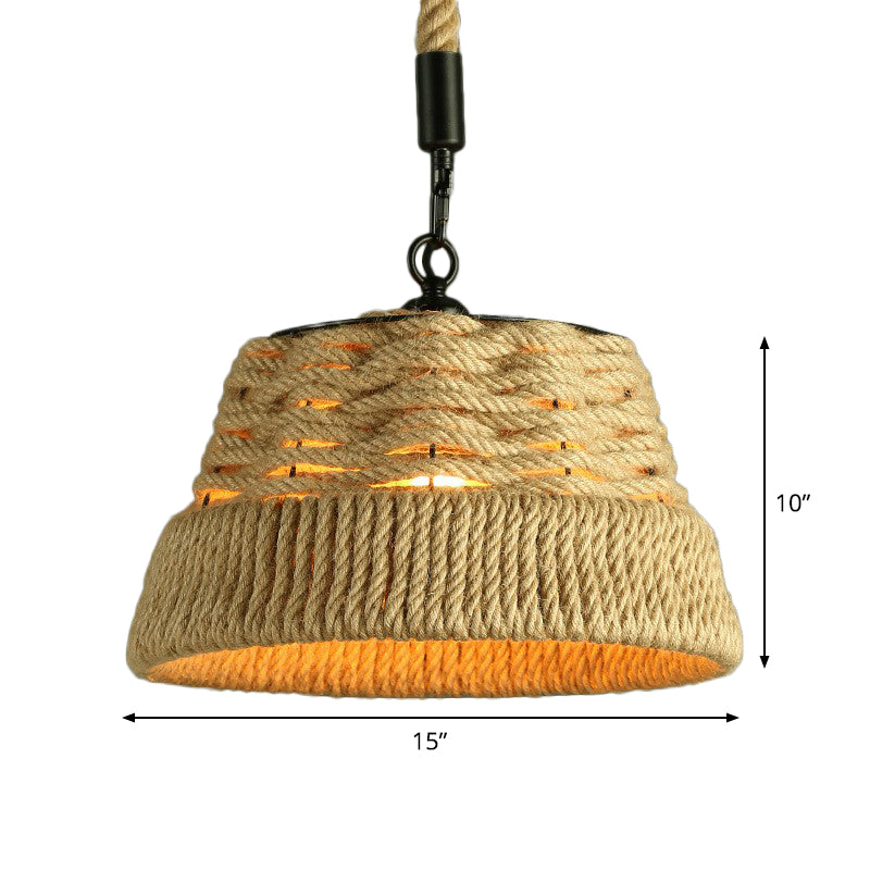 Jute Rope Drop Pendant Rustic Brown Restaurant Hanging Light - Single Hand-Worked Design