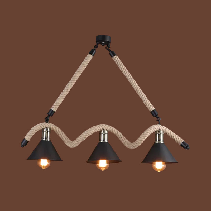 Industrial Hemp Pendant Lamp - Black/Brown Wavy Design 3 Heads