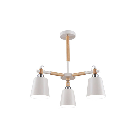 3-Bulb Nordic Hanging Chandelier - Bedroom Tapered Shade Iron And Wood Ceiling Lamp