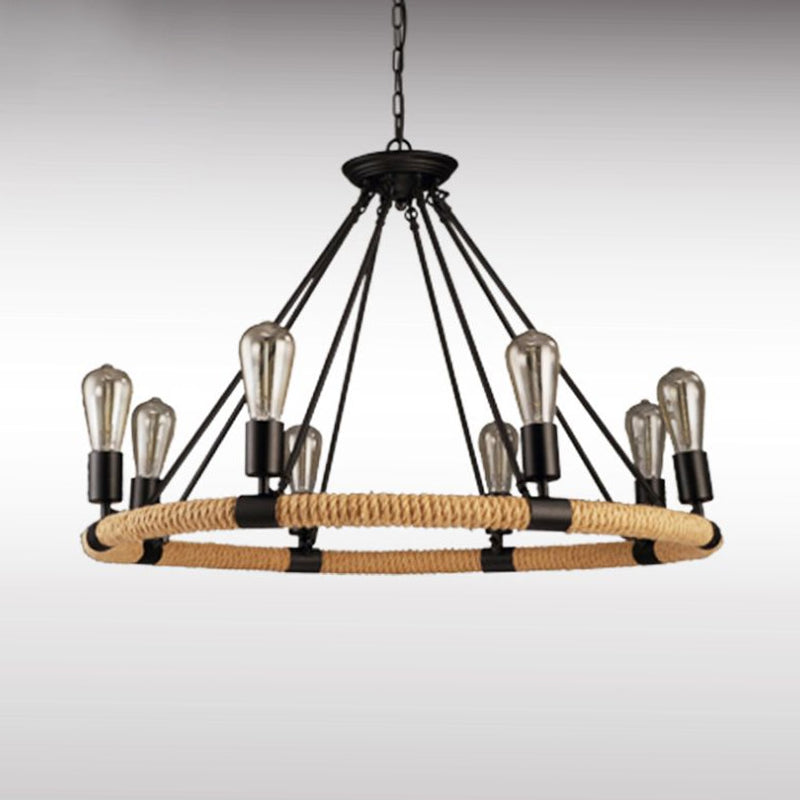 Rope-Wrapped Circle Pendant Light with Multiple Bulbs in Black and Brown