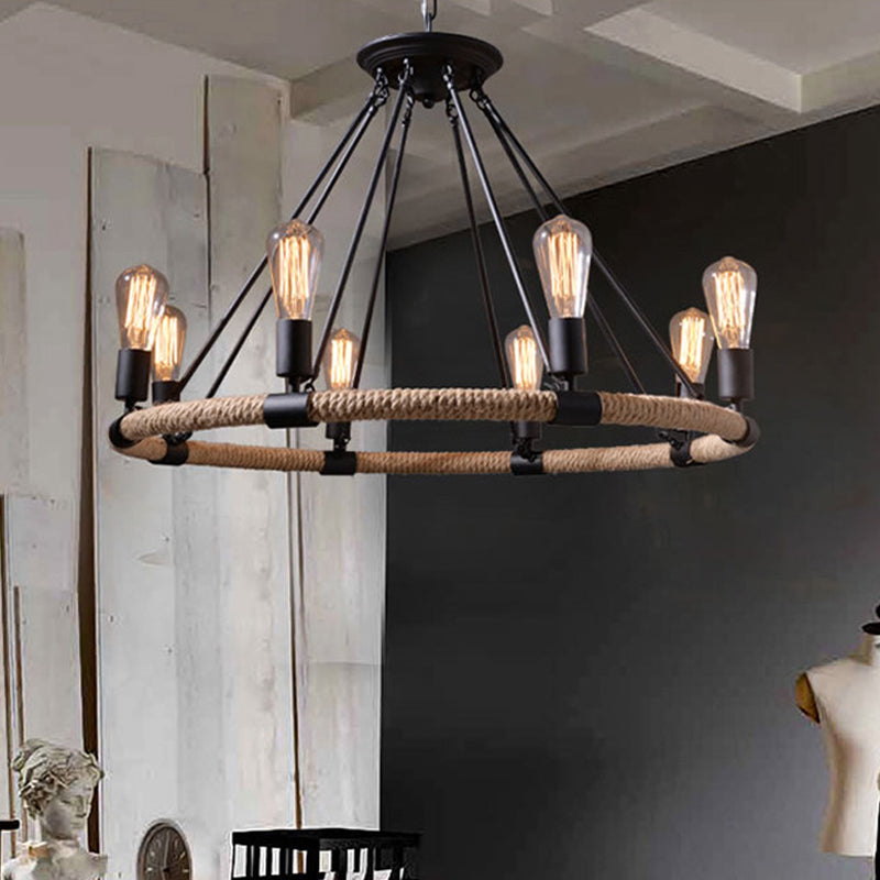 Rustic Circle Rope Chandelier With 6/8/14 Bulbs In Black And Brown By Factory