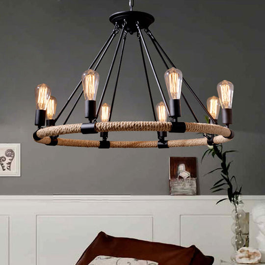 Rustic Circle Rope Chandelier With 6/8/14 Bulbs In Black And Brown By Factory