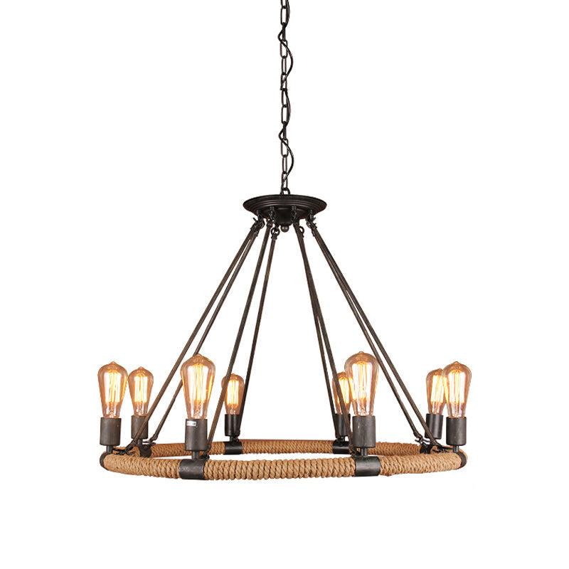 Rustic Circle Rope Chandelier With 6/8/14 Bulbs In Black And Brown By Factory