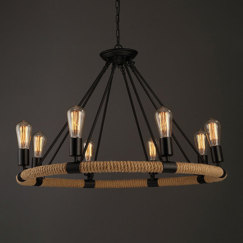 Rustic Circle Rope Chandelier With 6/8/14 Bulbs In Black And Brown By Factory