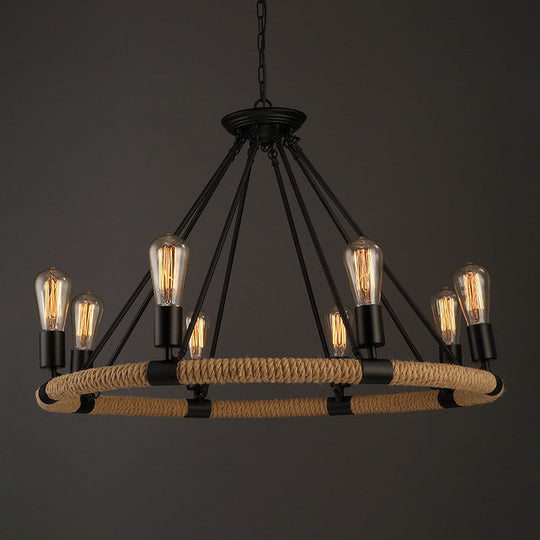 Rustic Circle Rope Chandelier With 6/8/14 Bulbs In Black And Brown By Factory