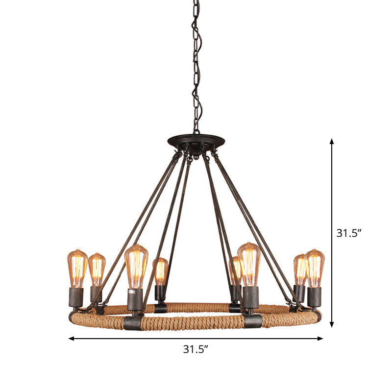 Rustic Circle Rope Chandelier With 6/8/14 Bulbs In Black And Brown By Factory