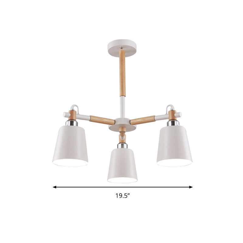 3-Bulb Nordic Hanging Chandelier - Bedroom Tapered Shade Iron And Wood Ceiling Lamp