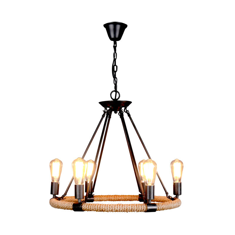 Rustic Circle Rope Chandelier With 6/8/14 Bulbs In Black And Brown By Factory