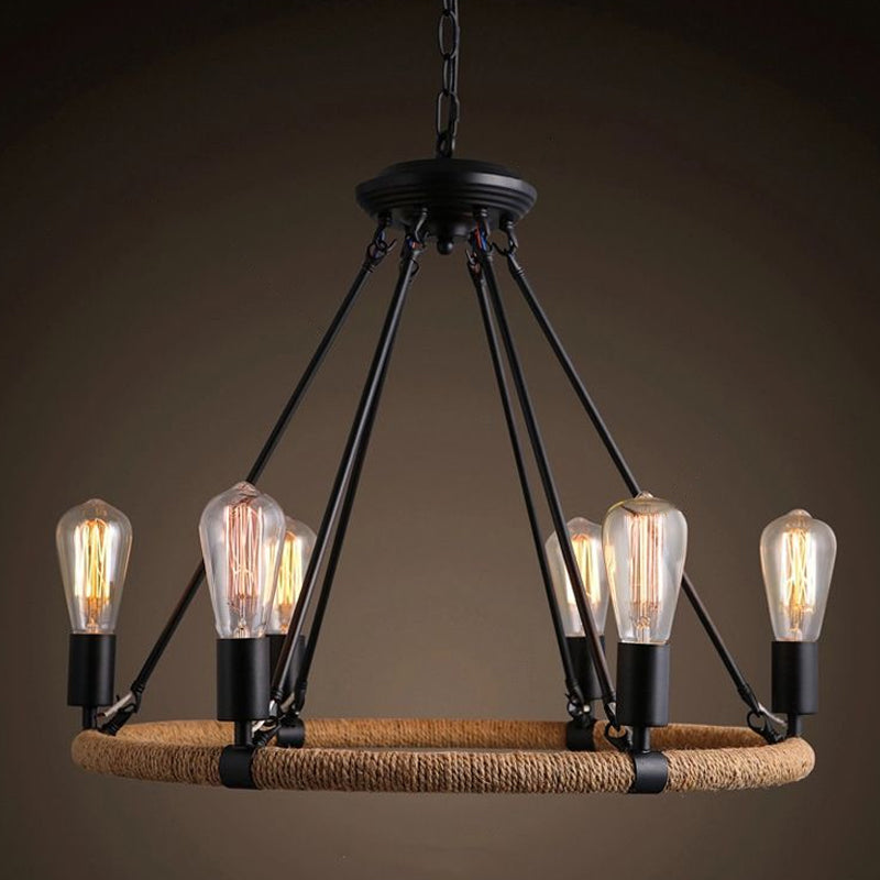 Rope-Wrapped Circle Pendant Light with Multiple Bulbs in Black and Brown