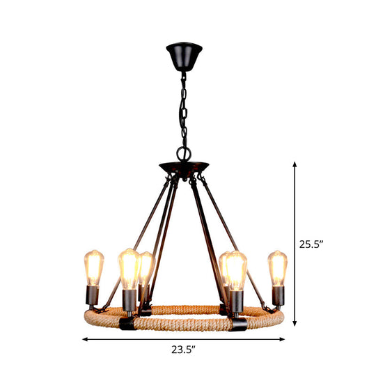 Rope-Wrapped Circle Pendant Light with Multiple Bulbs in Black and Brown