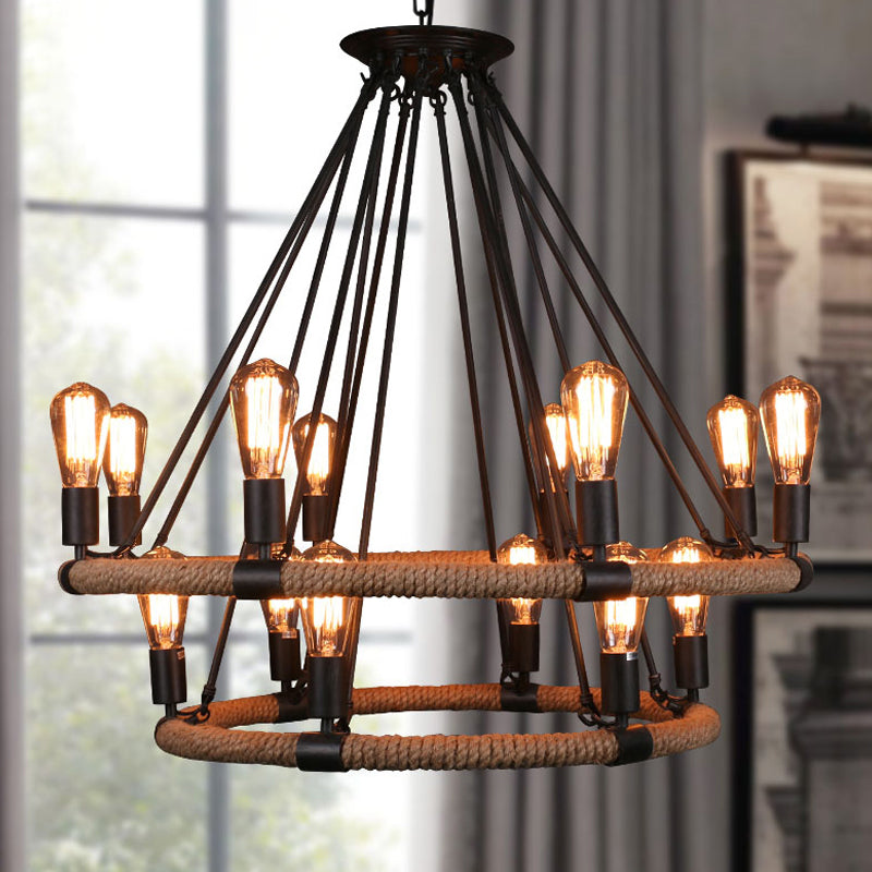 Rustic Circle Rope Chandelier With 6/8/14 Bulbs In Black And Brown By Factory 14 /