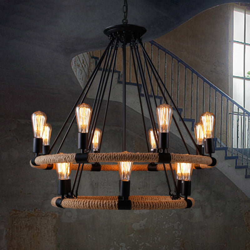 Rustic Circle Rope Chandelier With 6/8/14 Bulbs In Black And Brown By Factory