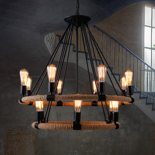 Rustic Circle Rope Chandelier With 6/8/14 Bulbs In Black And Brown By Factory