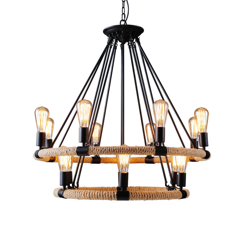 Rustic Circle Rope Chandelier With 6/8/14 Bulbs In Black And Brown By Factory