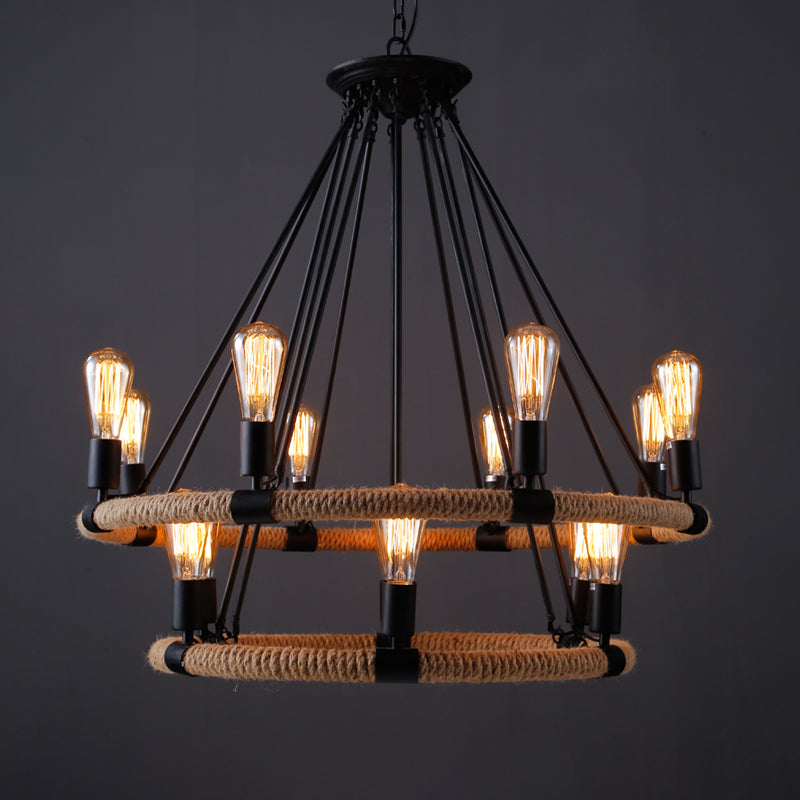 Rope-Wrapped Circle Pendant Light with Multiple Bulbs in Black and Brown