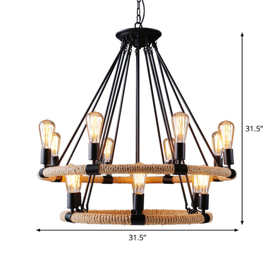 Rustic Circle Rope Chandelier With 6/8/14 Bulbs In Black And Brown By Factory