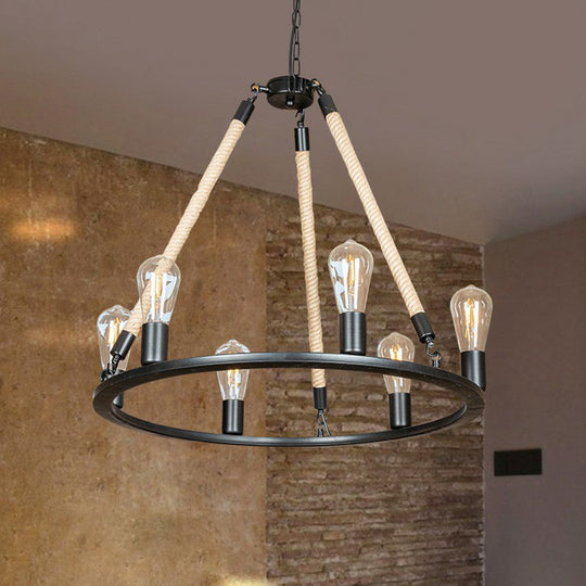 Black Iron Hanging Chandelier With Rope Cord - Loft Style 6-Head Design