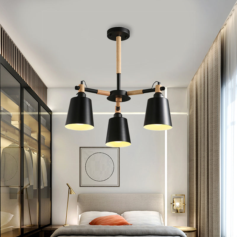 3-Bulb Nordic Hanging Chandelier - Bedroom Tapered Shade Iron And Wood Ceiling Lamp