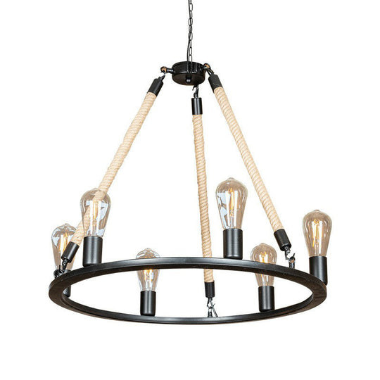 Loft Style Iron Chandelier with 6 Bare Bulb Heads and Rope Cord