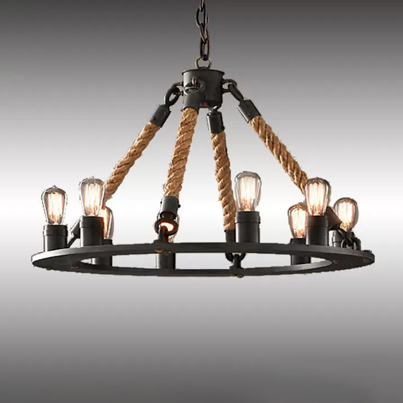 Industrial Hemp Rope Wagon Wheel Chandelier with 6/8 Black Pendant Lights for Living Room Ceiling