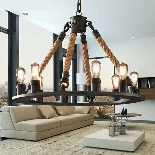 Industrial Hemp Rope Wagon Wheel Chandelier with 6/8 Black Pendant Lights for Living Room Ceiling