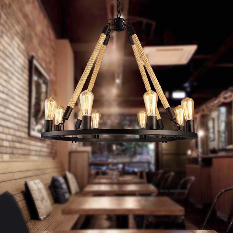 Industrial Hemp Rope Wagon Wheel Chandelier with 6/8 Black Pendant Lights for Living Room Ceiling