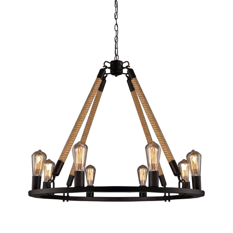 Industrial Hemp Rope Wagon Wheel Chandelier with 6/8 Black Pendant Lights for Living Room Ceiling