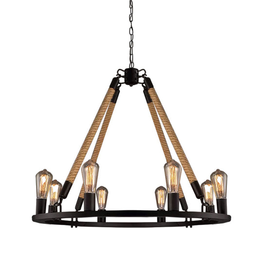 Industrial Hemp Rope Wagon Wheel Chandelier with 6/8 Black Pendant Lights for Living Room Ceiling