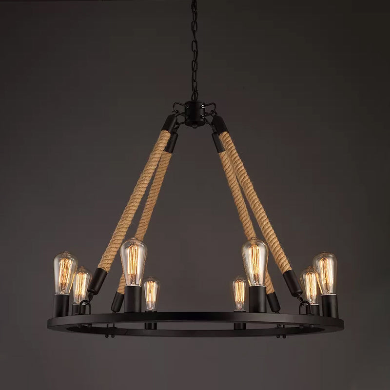 Industrial Hemp Rope Wagon Wheel Chandelier with 6/8 Black Pendant Lights for Living Room Ceiling